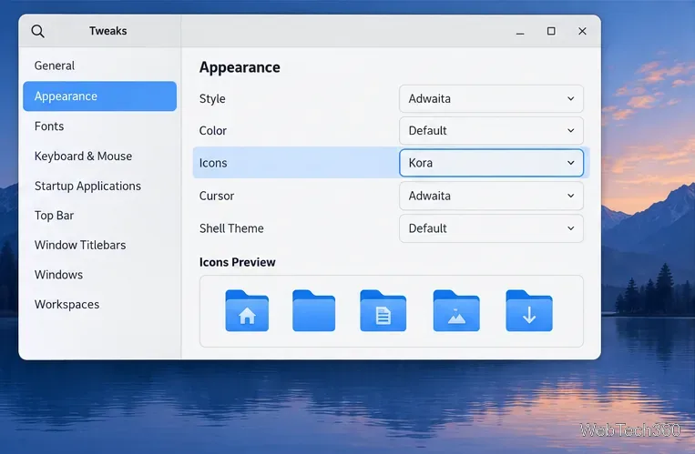 ปรับแต่งการตั้งค่าลักษณะของ GNOME Tweaks โดยเลือก Kora ในเมนูไอคอนและแสดงตัวอย่างโฟลเดอร์สีน้ำเงิน