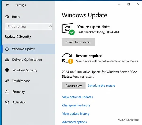 Les paramètres de Windows Update affichent une mise à jour cumulative et une invite de redémarrage