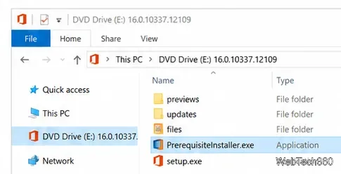 Vue de l'explorateur de fichiers du lecteur d'installation virtuel SharePoint avec le programme d'installation et l'application de configuration requis.