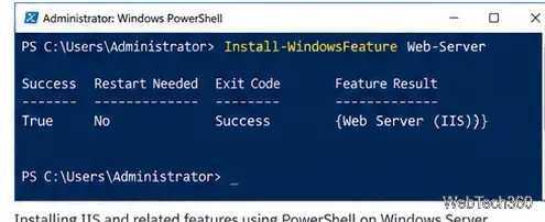 L'administrateur PowerShell affiche le résultat de l'installation du rôle Serveur Web IIS