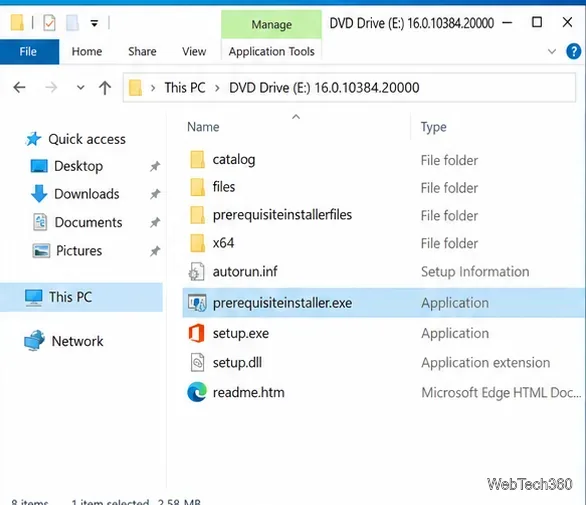 Disque d'installation SharePoint monté dans l'Explorateur de fichiers affichant prerequisiteinstaller.exe et setup.exe