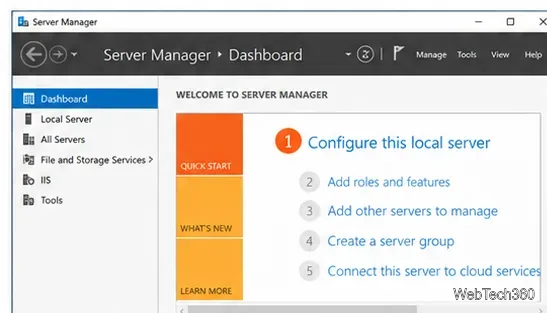 Tableau de bord du Gestionnaire de serveur Windows avec configuration du serveur local et contrôles des rôles