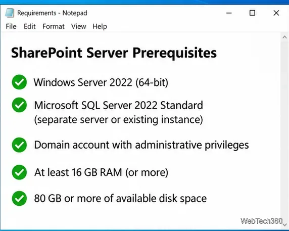 Exemple de liste de contrôle répertoriant Windows Server 2022, SQL Server 2022 Standard, un compte de domaine, de la mémoire et du stockage.
