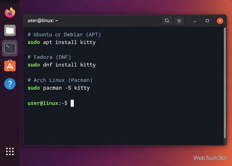 Linux terminal listing Kitty installation commands for APT, DNF, and Pacman