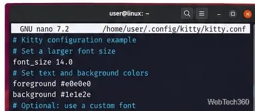 Kitty configuration file open in a terminal editor with font size, foreground, and background color settings