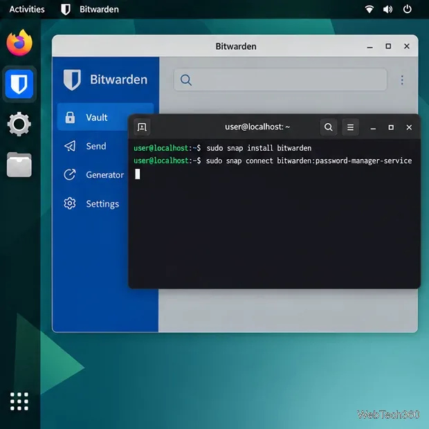 Linux Bitwarden window behind a terminal showing the Snap install and secure-storage connection commands