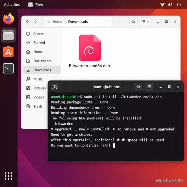 Ubuntu Downloads folder with the Bitwarden DEB file and an APT installation prompt