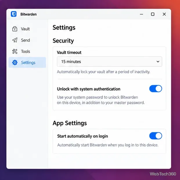 Bitwarden Linux settings showing vault timeout, system authentication, and start automatically on login options