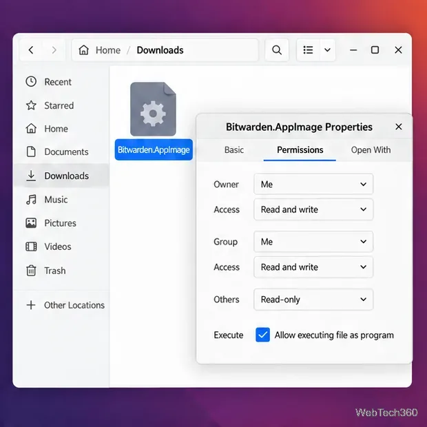 Bitwarden AppImage file properties with the executable permission enabled