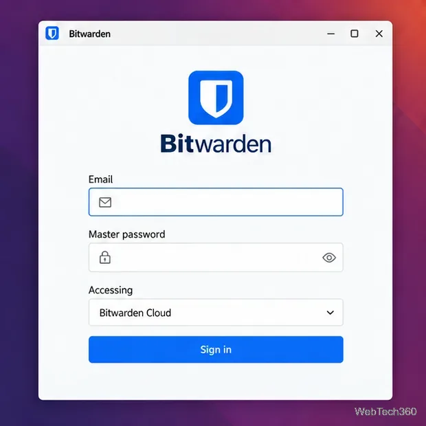Bitwarden Linux sign-in screen with email and master password fields and the Accessing server selector