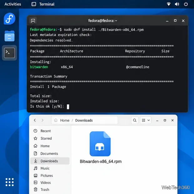 Fedora terminal installing Bitwarden-x86_64.rpm with DNF