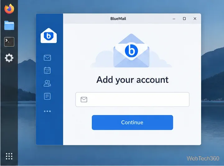 Illustrative BlueMail account screen with an empty email field and Continue button