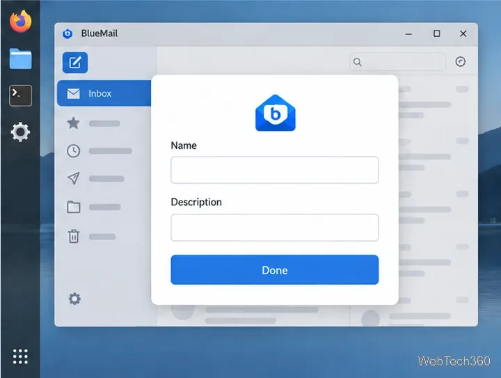Illustrative BlueMail account completion form with Name, Description, and Done fields