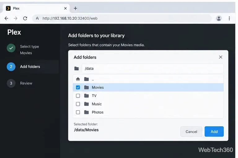 Plex library folder picker with the Movies folder selected under the container path /data/Movies