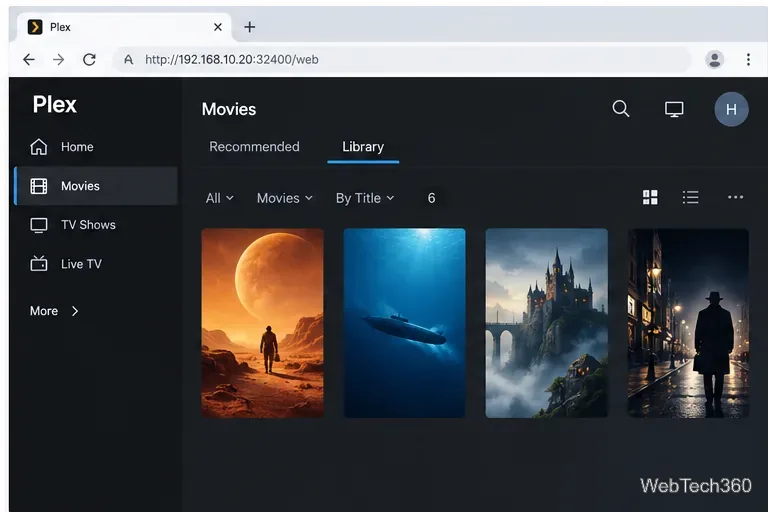 Plex Web showing a populated Movies library after the media folder scan