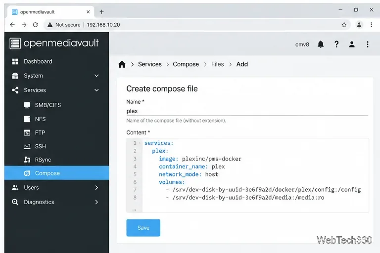 OpenMediaVault Compose editor with a Plex container definition using host networking and persistent folders