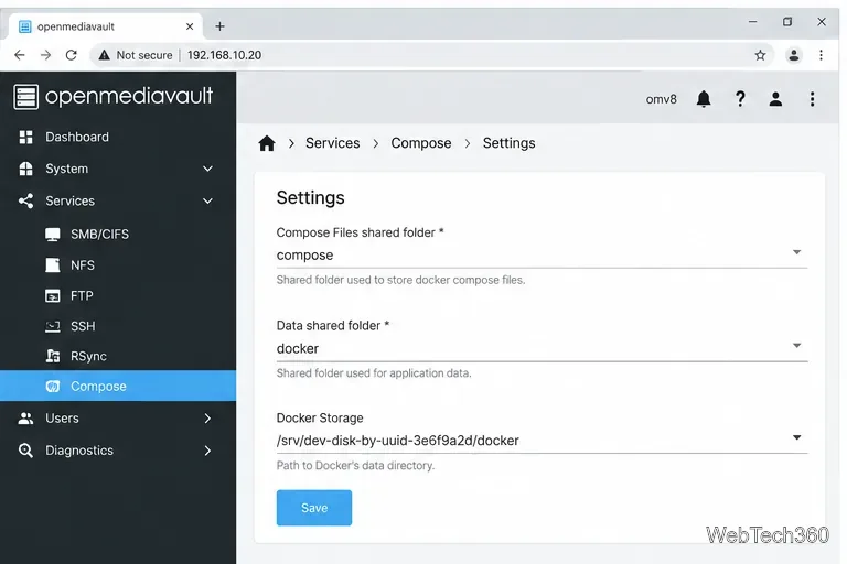 OpenMediaVault Compose Settings showing shared folders and an absolute Docker storage path
