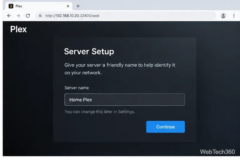 Plex Web server setup screen open at the OpenMediaVault server address