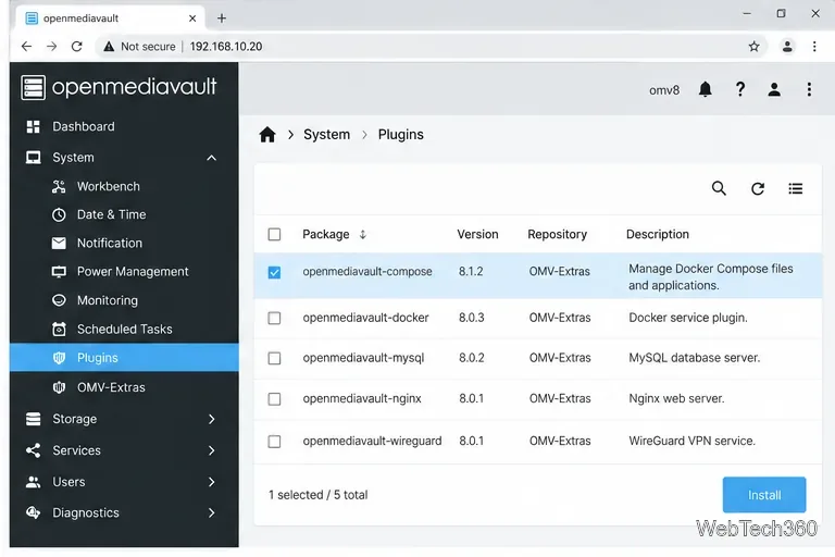 OpenMediaVault 8 Plugins list with openmediavault-compose selected for installation