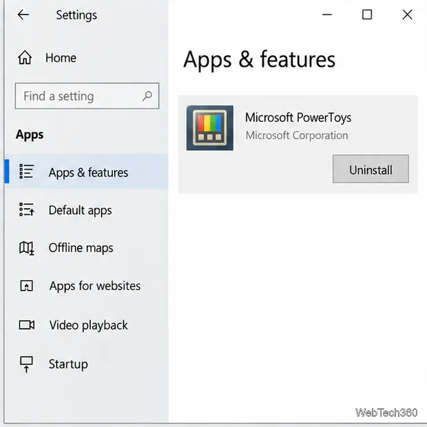 Pagina Setări Windows 10 Aplicații și caracteristici cu Microsoft PowerToys selectat și butonul Dezinstalare vizibil