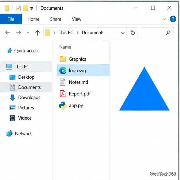 Explorator de fișiere Windows 10 cu logo.svg selectat în Documente și o previzualizare vectorială albastră afișată în panoul din dreapta