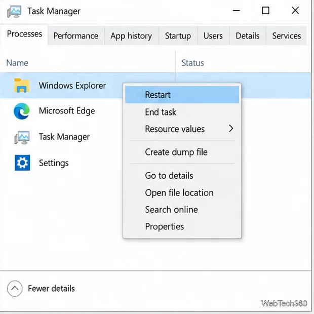 Vizualizarea Procese Manager activități cu Windows Explorer selectat și Repornire vizibilă în meniul contextual