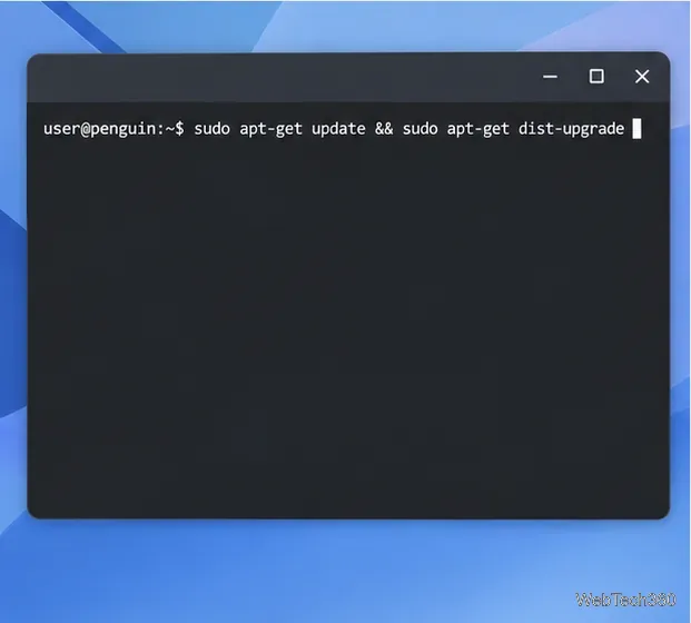 ChromebookのLinuxターミナルにapt-get updateコマンドとdist-upgradeコマンドが表示されている。