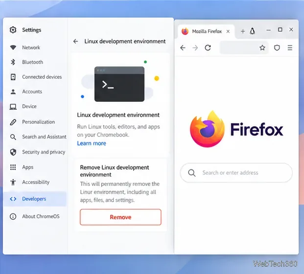 Firefoxウィンドウの横にあるChromeOS設定のLinux開発環境削除セクション