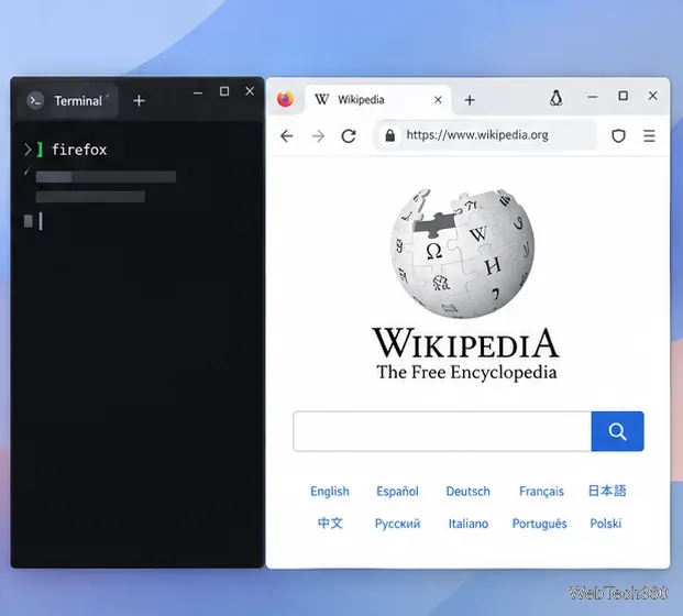 Linuxターミナルで、開いているブラウザウィンドウの横にfirefox起動コマンドが表示されている。