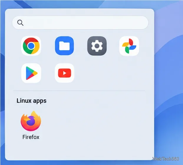 Chromebookのアプリランチャーで、LinuxアプリのセクションにFirefoxが表示されている。
