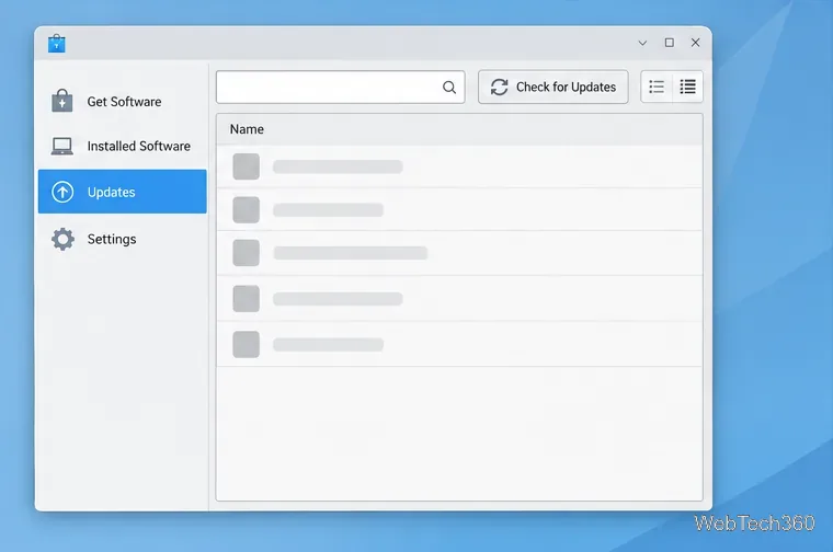 Die Ansicht „Apper-Updates“ mit einem Steuerelement zur Überprüfung auf Updates und Zeilen, die auf Paketdetails warten.