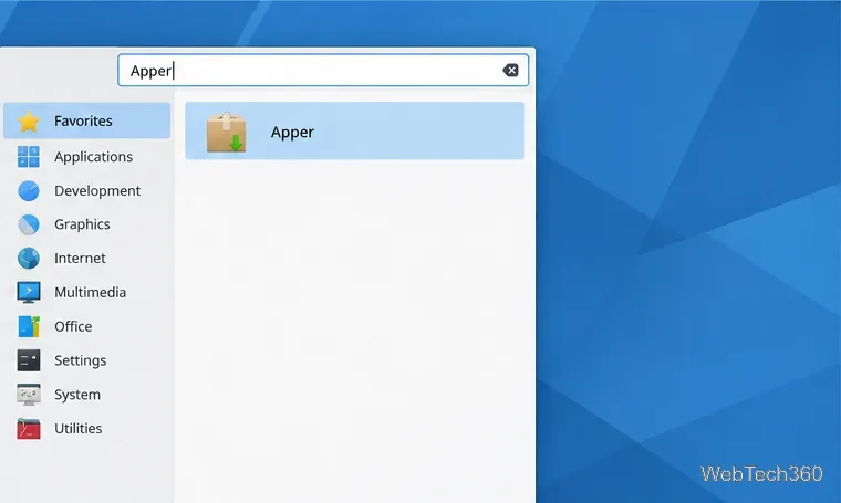 Der KDE-Anwendungsstarter mit dem Suchbegriff „Apper“ und dem ausgewählten Ergebnis „Apper“.
