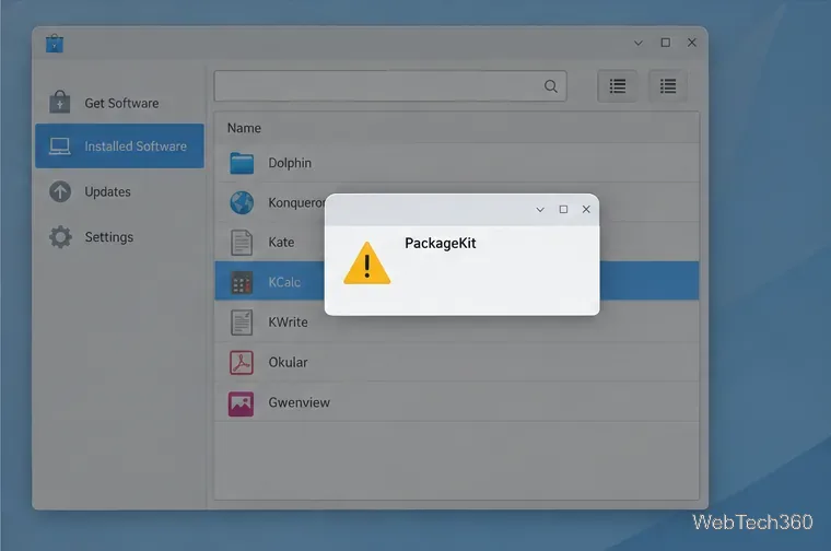 Über der Ansicht der installierten Software von Apper wird ein PackageKit-Warndialog angezeigt.