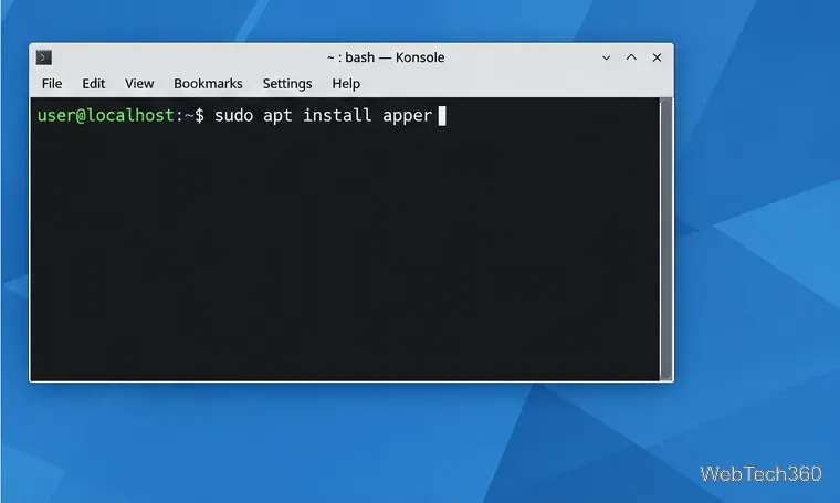 Ein KDE Plasma-Terminal, das sudo apt install apper anzeigt