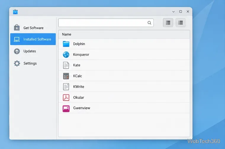 Die Liste der installierten Software von Apper zeigt KDE-Anwendungen in einer Pakettabelle an.