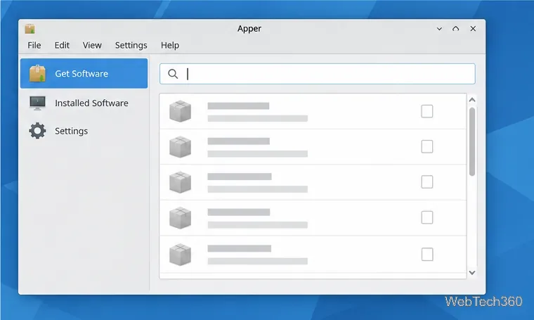 Appers Softwareansicht mit Suchfeld und einer Liste von Paketzeilen