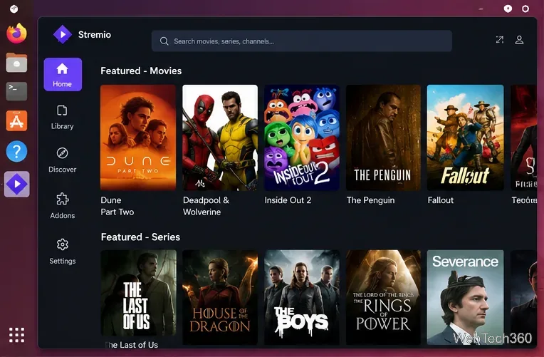Catálogo de inicio de Stremio en Linux con barra de búsqueda y filas de películas y series destacadas.