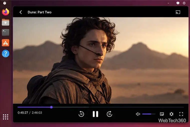 Reproductor de vídeo Stremio en Linux que muestra la línea de tiempo de reproducción y los botones de control del reproductor.