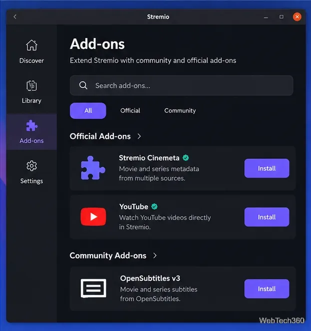 Pantalla de complementos de Stremio que muestra las categorías de complementos oficiales y de la comunidad con botones de instalación.