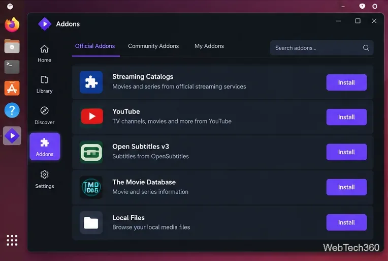 Lista oficial de complementos de Stremio para Linux con controles de búsqueda e instalación.