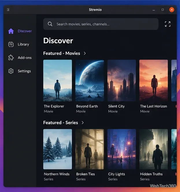 Pantalla de Stremio Discover en Linux con búsqueda y filas de tarjetas de películas y series.