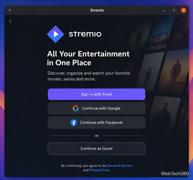 Pantalla de inicio de sesión de Stremio en Linux con opciones de cuenta y un botón de modo invitado.