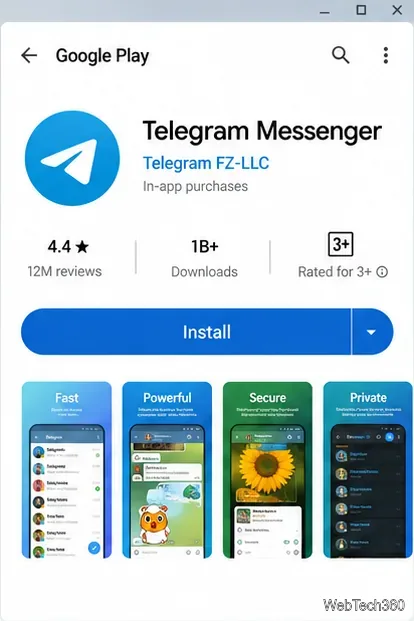 Google Playストアに、インストールボタン付きのTelegram Messengerの掲載ページが表示される。