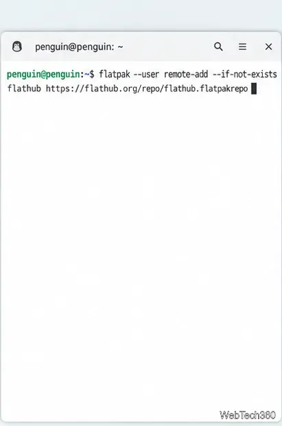 Linuxターミナルに、現在のユーザー向けにFlathubを追加するコマンドが表示されています。