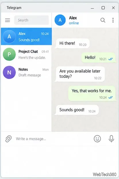 Telegramデスクトップ版の会話ウィンドウ。一般的なサンプルチャットとメッセージが表示されます。