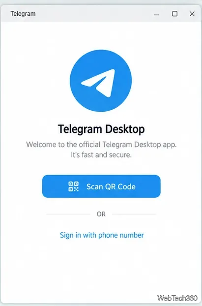 Telegramデスクトップ版のサインイン画面では、QRコードと電話番号によるログインオプションが提供されています。