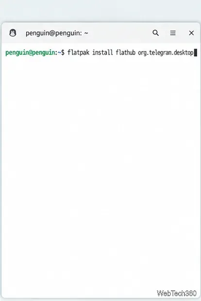 Linuxターミナルにorg.telegram.desktopのFlatpakインストールコマンドが表示されています。