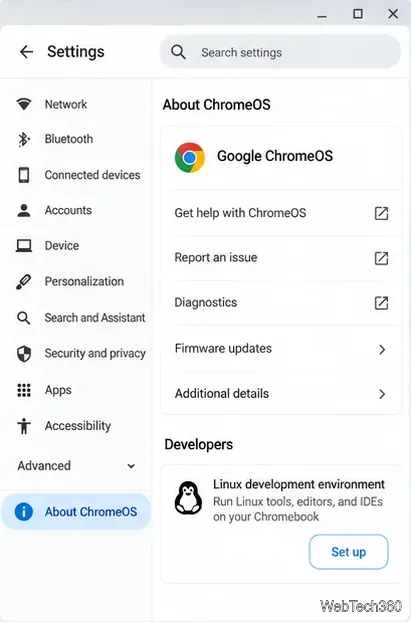 ChromeOSの設定ページに、Linux開発環境と「設定」ボタンが表示されている。