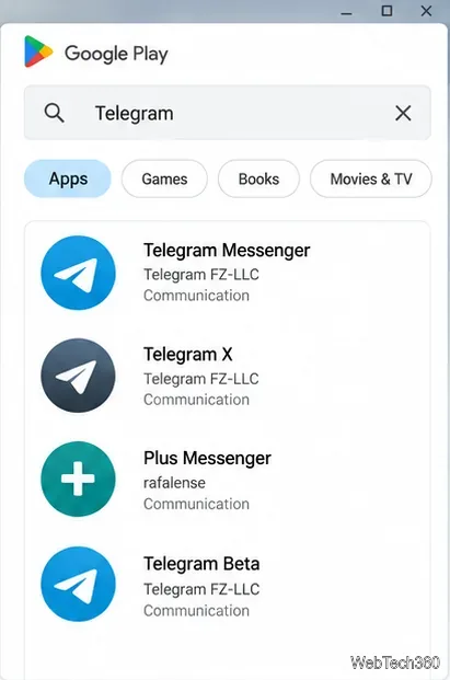 Google Playで「Telegram Messenger」および類似の名前のアプリを検索すると、検索結果が表示されます。