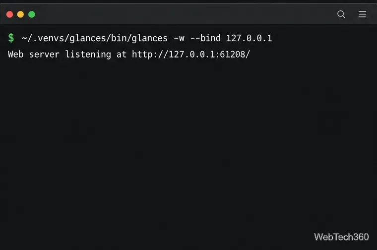 A Linux terminal starting Glances web mode bound to 127.0.0.1 on port 61208.